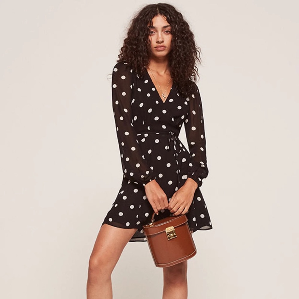 Reformation Collins Verano Black White Polkadot Long Sleeve Wrap Mini Dress L